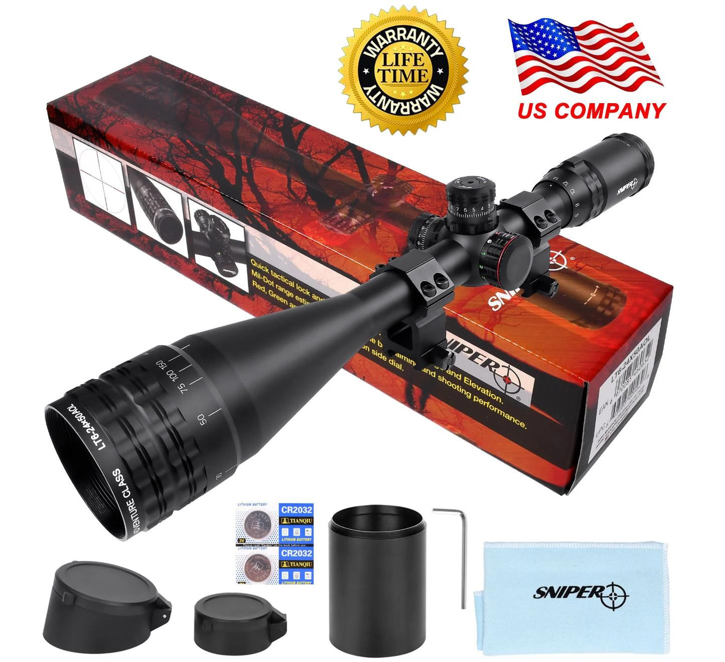 Sniper LT 6-24x50AOL Scope W Front AO Adjustment. Red/Blue/Green mil-dot Reticle