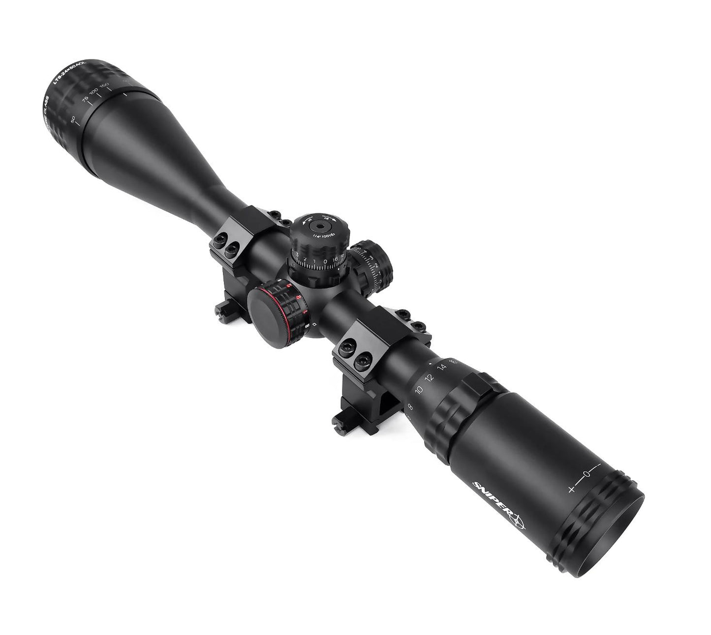 Sniper LT 6-24x50AOL Scope W Front AO Adjustment. Red/Blue/Green mil-dot Reticle