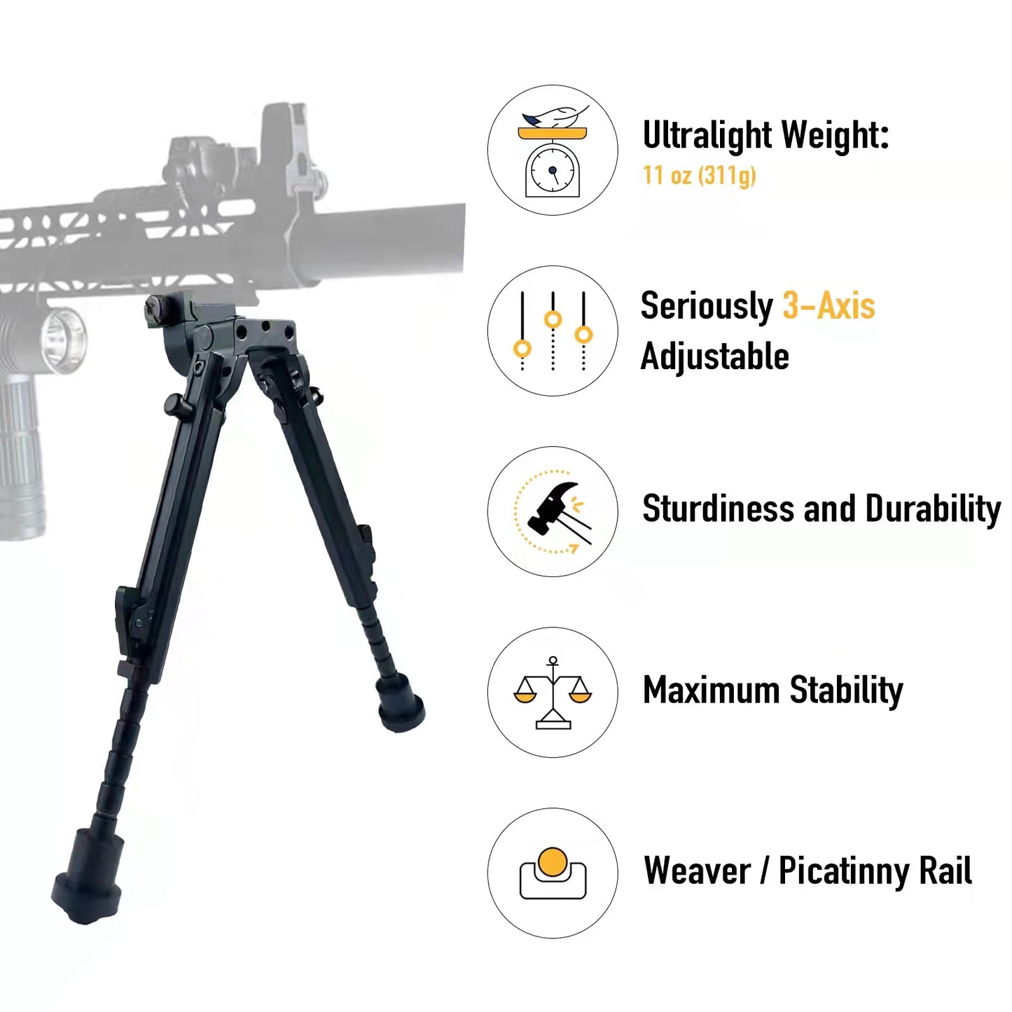 Lion Gears Adjustable Tactical Rifle Bipod Compatible with Picatinny & Weaver Quick Release Adapter for Shooting, Hunting, Range and Outdoor
