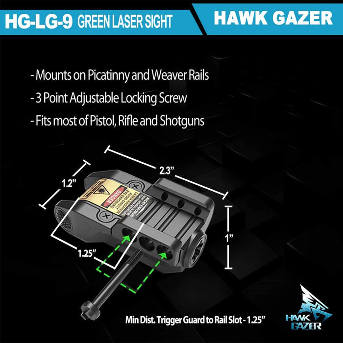 HAWK GAZER LG9 Low Profile Rechargeable Green Laser Sight, for Handgun, Pistol, Rifle with Rails