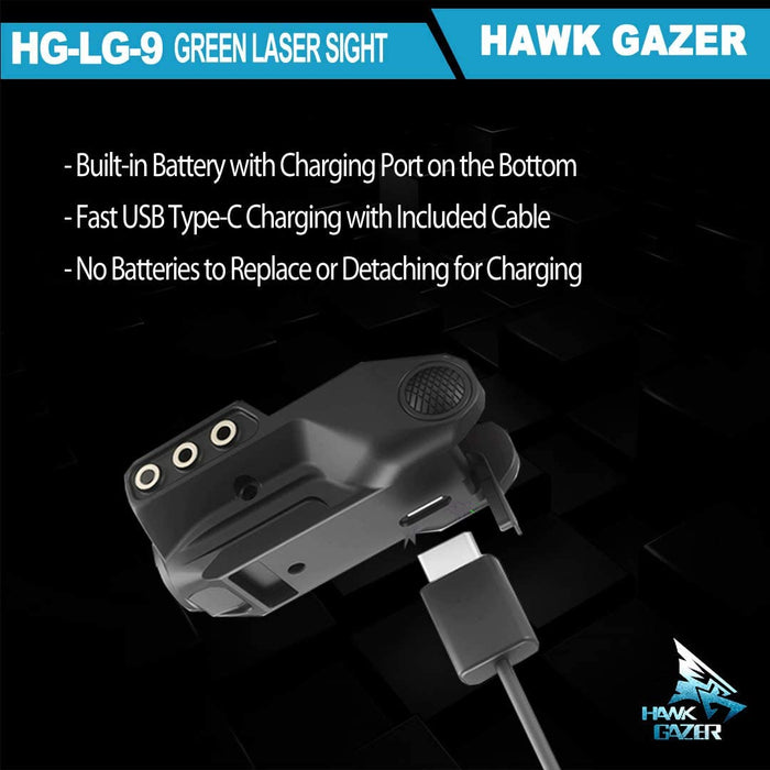 HAWK GAZER LG9 Low Profile Rechargeable Green Laser Sight, for Handgun, Pistol, Rifle with Rails