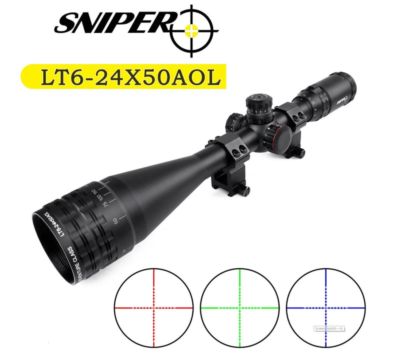 Sniper LT 6-24x50AOL Scope W Front AO Adjustment. Red/Blue/Green mil-dot Reticle